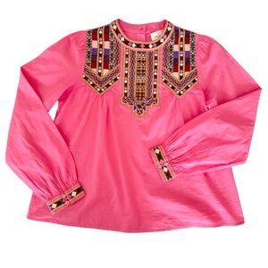 Sezane pink embroidered top blouse button back fuschia 36 small
